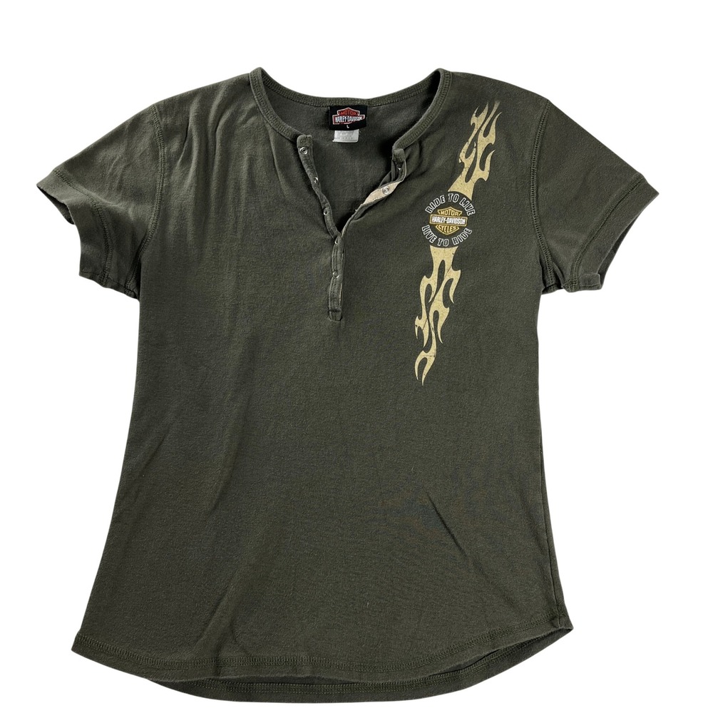 Harley-Davidson Mankato MN Flame Graphic Henley T-Shirt Olive‎ USA Womens L